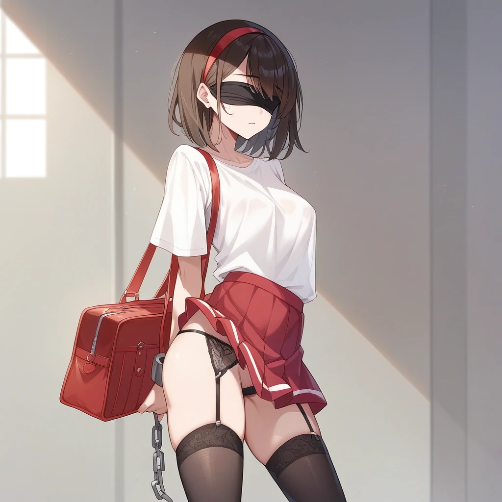 1girl（（Dark brown hair、Two knots）、blindfold、hair band、Cotton shirt、skirt,White Silk Sexy Lingerie、,garter belt、Red School Bag、diminutive, height 1.3meters, 30kg,slim,shackles,restrained）