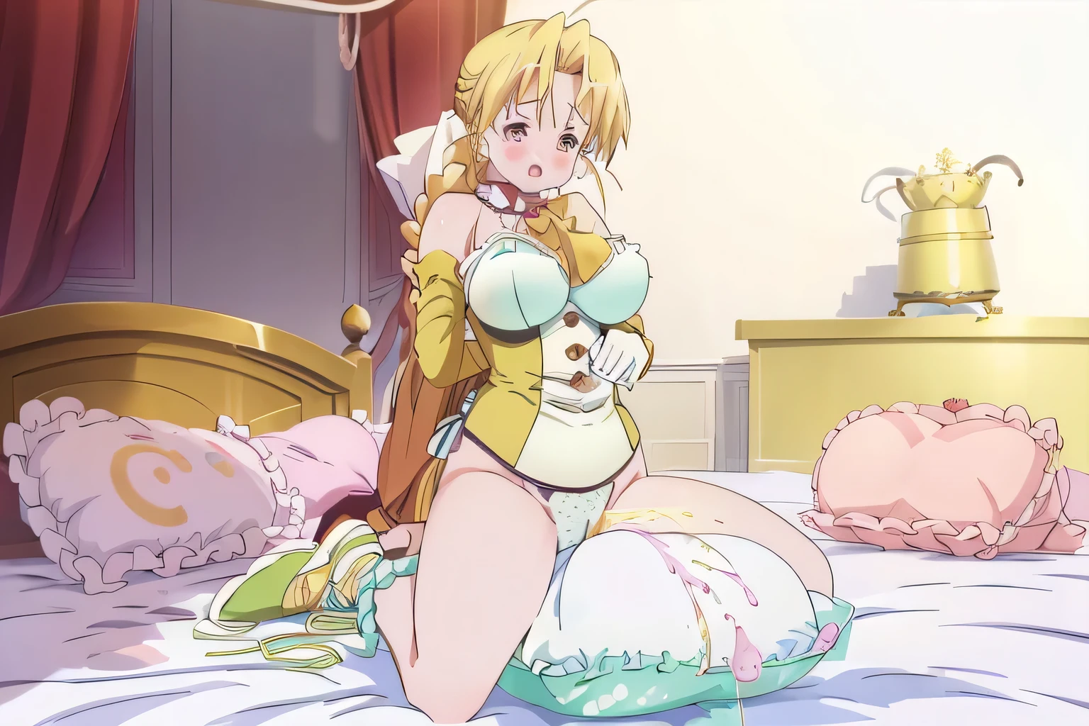 (best quality, masterpiece),mine , details), (Light and shadow oxtail , bed background, Cute girl posing on pillow ,Pillow,(piles of Pillow),Upholstered,((four poster bed)),Soft pillow quotation,Lots of Pillow,(Pillow),The love surrounding the protagonist,steam,Luxury Pillow),(luxury bed),(Gorgeous pattern pillow),luxurious pillow,(bedroom ),pillow humping,hump,open mouth,red eyes , kneeling,(Love around the protagonist),(Steaming hot),(pillow),Four poster bed,Canopy bed,Lots of pillow heads,princess bed , frilled pillow , long hair , frilled pillow , peeing, urine, wetting pillows, Splashed liquid,There are water stains on the pillow,Lots of urine, Lots of liquids, (pink polka dot pillow) , ((sernia iori flameheart))