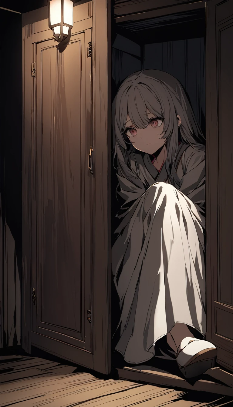 A beautiful woman named Bai Lu is sitting curled up inside an old wooden wardrobe, hiding in fear. She has a look of anxiety and dread on her face, her eyes wide and her breathing shallow. The setting is a dimly lit room in an antique-filled art gallery. Outside the wardrobe, the shadows hint at the presence of a powerful figure searching for her. The scene captures the tension and urgency of her hiding, with a focus on her expressive face and the confined space she's in