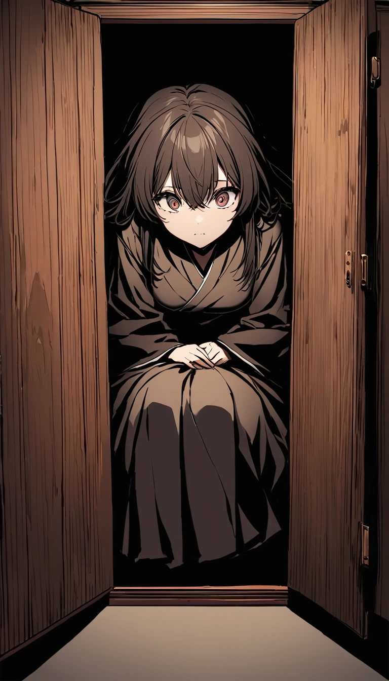A beautiful woman named Bai Lu is sitting curled up inside an old wooden wardrobe, hiding in fear. She has a look of anxiety and dread on her face, her eyes wide and her breathing shallow. The setting is a dimly lit room in an antique-filled art gallery. Outside the wardrobe, the shadows hint at the presence of a powerful figure searching for her. The scene captures the tension and urgency of her hiding, with a focus on her expressive face and the confined space she's in