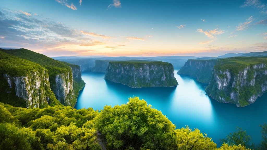 Masterpiece, ultimate quality, Cg unity 8k wallpaper, super delicate, beautiful sky and clouds, rich natural scenery, cliffs, lakes and rivers, waterfalls and flying water, beautiful green mountains, no trace of people, excellent scenery, has already won a photo contest, background Blurring, full depth of field, HDR high dynamics, true restoration, intricate, extreme details, dramatic presentation, perfectly presenting the style of midjourney art.