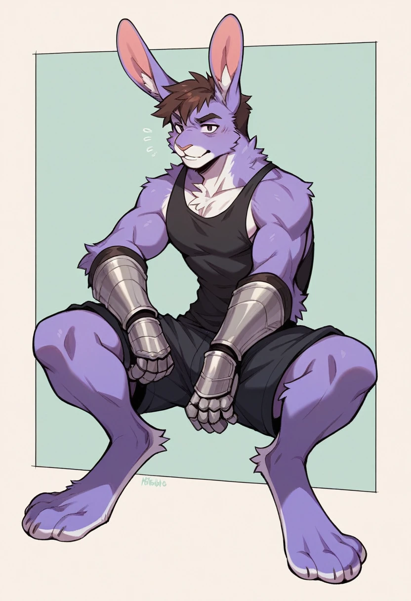 create a picture of a half rabbit character with purple giant rabbit digitigrade legs with white paws, put purple rabbit ears on top of her head, make her wearing black shorts and a black athletic tank top and metal gauntlets, put purple fur on her arms from her elbows down, give her short brown hair, make her legs look fluffy and furry, make it in an anime style