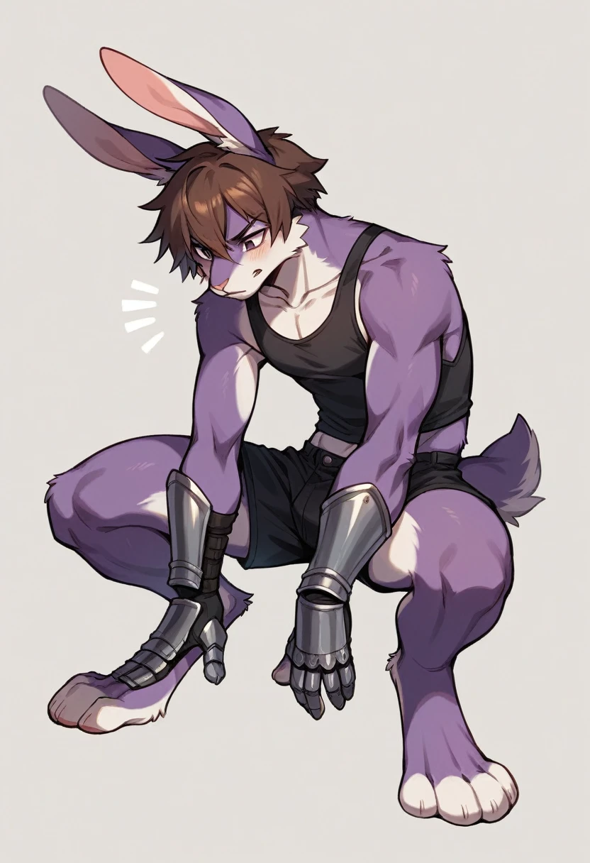 create a picture of a half rabbit character with purple giant rabbit digitigrade legs with white paws, put purple rabbit ears on top of her head, make her wearing black shorts and a black athletic tank top and metal gauntlets, put purple fur on her arms from her elbows down, give her short brown hair, make her legs look fluffy and furry, make it in an anime style