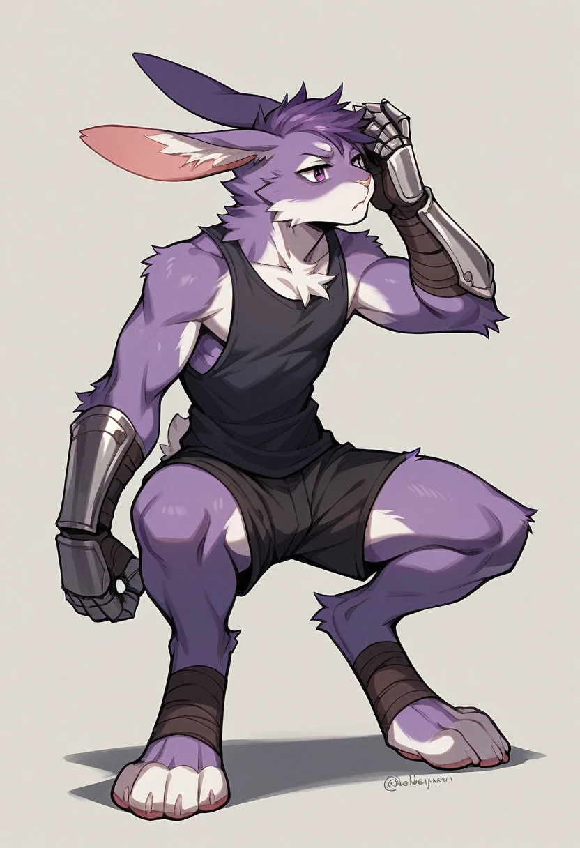 create a picture of a half rabbit character with purple giant rabbit digitigrade legs with white paws, put purple rabbit ears on top of her head, make her wearing black shorts and a black athletic tank top and metal gauntlets, put purple fur on her arms from her elbows down, give her short brown hair, make her legs look fluffy and furry, make it in an anime style
