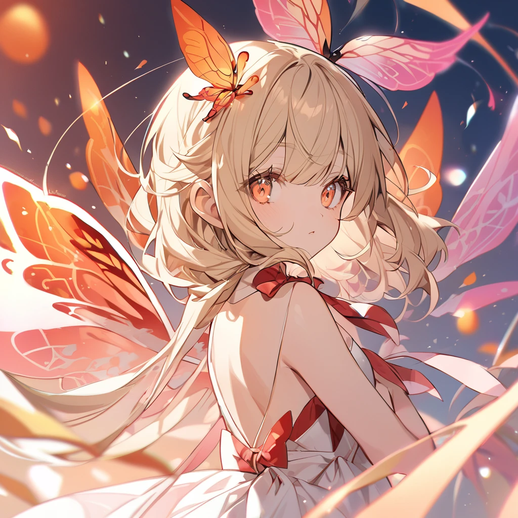 neck-length blonde hair, big amber eyes and long, thin eyelashes, pink fairy wings, wore a single white one-piece strapless dress tied together with a butterfly knot at the back, look young