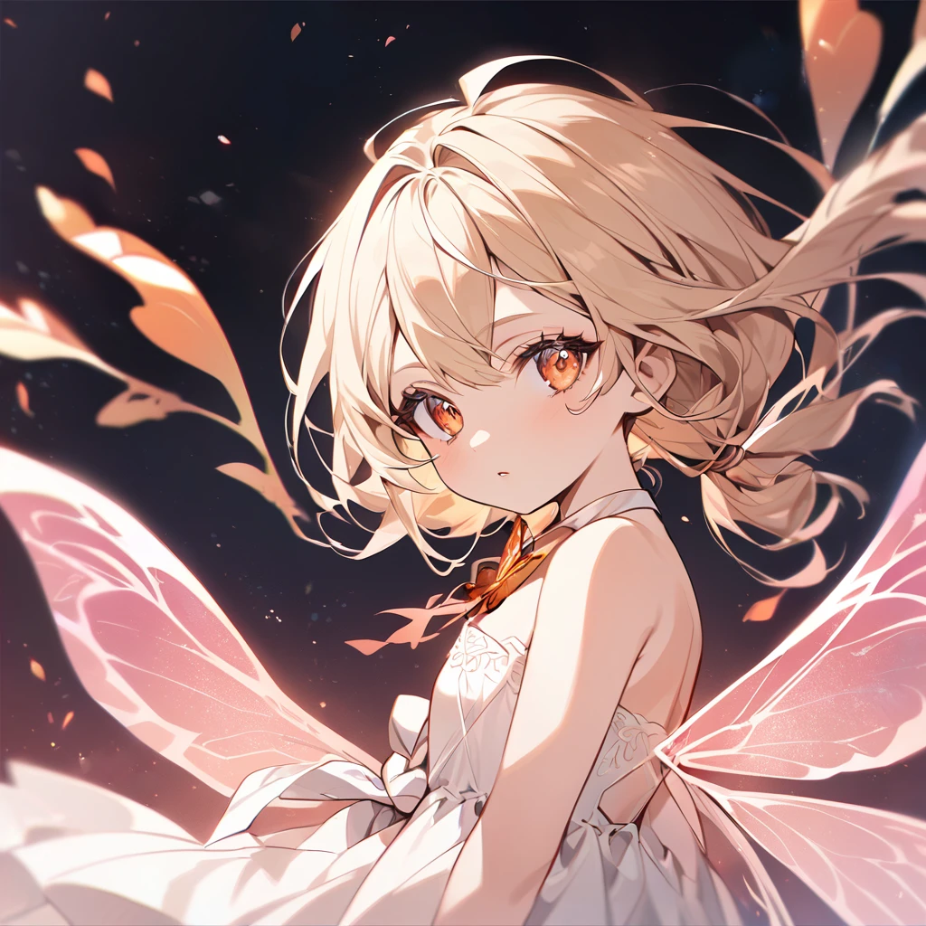 neck-length blonde hair, big amber eyes and long, thin eyelashes, pink fairy wings, wore a single white one-piece strapless dress tied together with a butterfly knot at the back, look young