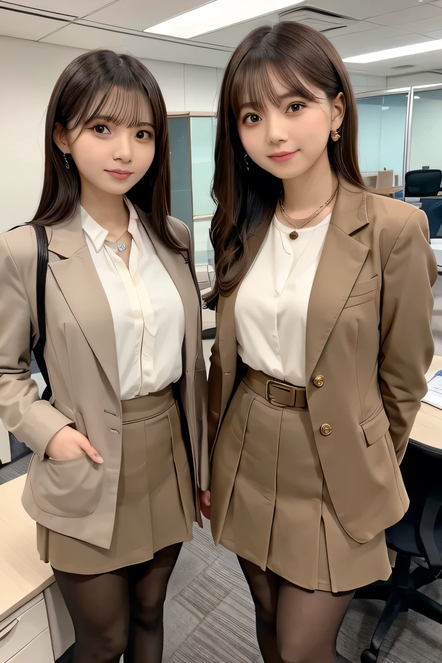Young woman、Two women standing side by side in an office、 Light brown hair、Necklace around the neck、Office Lady Suits、Jacket、Unbuttoned shirt、Knee-length skirt、tights、pumps、（Full body photo）、smile、short hair、Wavy Hair、Intricate details, Very detailed:1.2) 、 Looking into the camera,The background is the office、、Dark eyeliner、ear piercing

