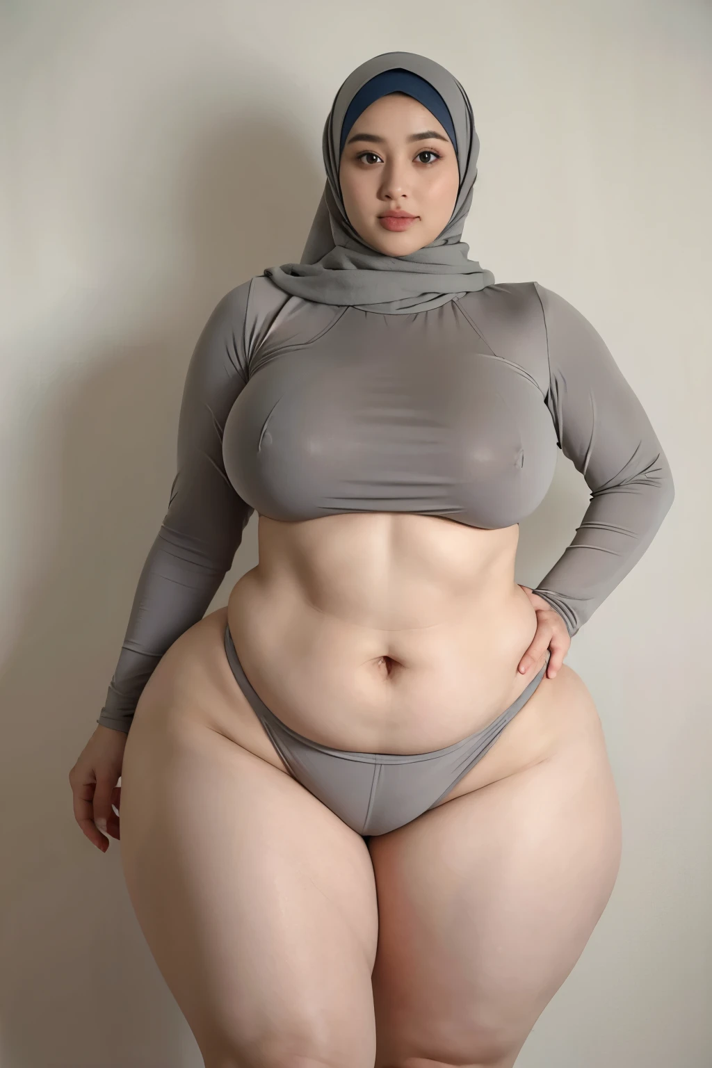 woman in hijab, woman in gray bodysuit posing for photo, thick, strong and big, amazing photo of a giant goddess, thick thighs, thick hips, bulging like crazy, big booty, thick hips, wide, pawg, woman beautiful plump, thick body, strong and big, varying girth, widest hips, lots of smooth curves, she has a round belly that is fat and jiggly