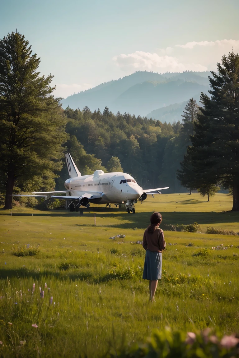 space shuttle in field rusted, landscape village, people standing, photorealistic, Simon stalenhag style,1girl, 