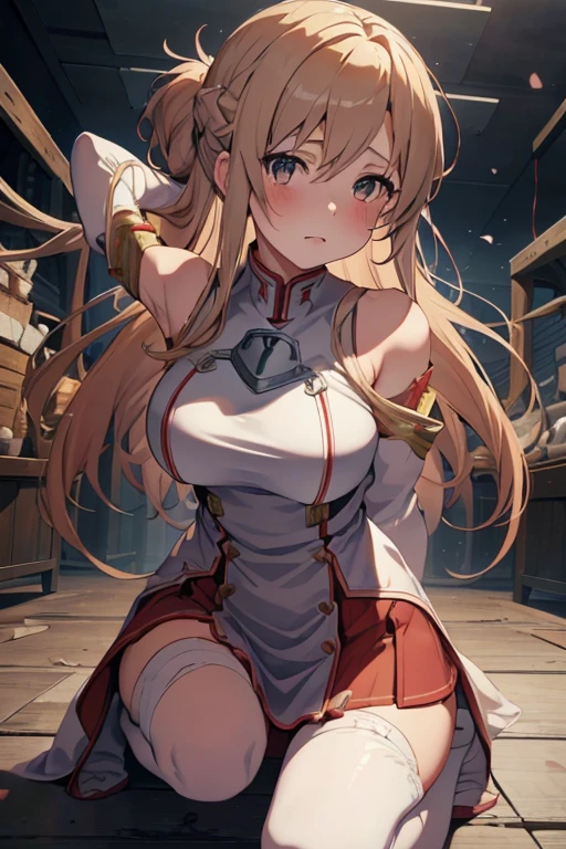 A captivating wallpaper of As Yuuki, Sword Art Online Heroine, Carefully crafted. (Highest quality, High resolution: 3000x3000 pixels)
As Yuuki, Virtual Reality Suit, Long straight blonde hair with bangs, Anguished Blue Eyes, Her plump lips are writhing in agony, Moderate: Digital Art, Vibrant colors, High resolution, Cinema Lighting, Ultra-fine detail, Physically Based Rendering, Very detailed explanation.
((Both hands tied with rope)), (The suit is cut up)、Bleeding from a wound、On one knee、Life-threatening injury、There are many scratches、The enemy is using tentacles to steal your life force,Ladder binding,A desperate situation.
