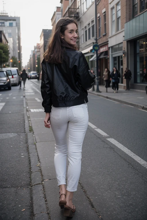 photography of a 30yo woman, perfect face, masterpiece, jacket, european, british, pale skin, realistic body, small imperfection on the skin, wrinkles, full body clothes, hipster style, hipster clothes, walking with an another person, another person back forward, woman face to the camera, woman smiling, another person talking 