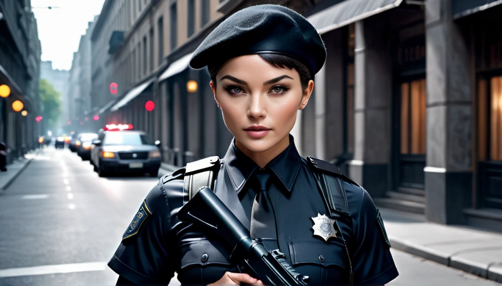 Create a dark gray police uniform, short hair with black beret, bad and beautiful face, perfectbody, muscular arms,with gun in hand on the streets hunting thief,8K, Ultra realistic photo, cinematographic