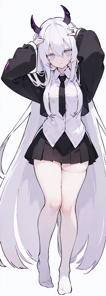 (((Long White hair))),White hair,kawai,(((Eyes visible from bangs,hair over eyes:1.3))),,Huge breasts,(purple color eyes),,(purple slanted eyes),1girl in,bangs,long White hair, pantyhose,Cowboy Shot,white background,Straight hair hair,(On both sides of the head has sharp black devil horns) ((head bowed pose)) Ter's hair flows straight down, has two sharp black horns (slant purple eyes) (((wearing a perfect white shirt))) white shirt sleeves should be folded to the elbows ((Don't wear any ties (wear a long black skirt, both sides of the skirt are split The other two sides of the skirt are split (showing her bare thighs) Long black skirt split at the thighs, perfect white shirt, no accessories like a tie (sexy body) Bare thighs without wearing any socks, The character's body is visible from head to ankle, ((Tall slim perfect body)) (tight black skirt)