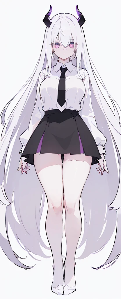 (((Long White hair))),White hair,kawai,(((Eyes visible from bangs,hair over eyes:1.3))),,Huge breasts,(purple color eyes),,(purple slanted eyes),1girl in,bangs,long White hair, pantyhose,Cowboy Shot,white background,Straight hair hair,(On both sides of the head has sharp black devil horns) ((head bowed pose)) Ter's hair flows straight down, has two sharp black horns (slant purple eyes) (((wearing a perfect white shirt))) white shirt sleeves should be folded to the elbows ((Don't wear any ties (wear a long black skirt, both sides of the skirt are split The other two sides of the skirt are split (showing her bare thighs) Long black skirt split at the thighs, perfect white shirt, no accessories like a tie (sexy body) Bare thighs without wearing any socks, The character's body is visible from head to ankle, ((Tall slim perfect body))