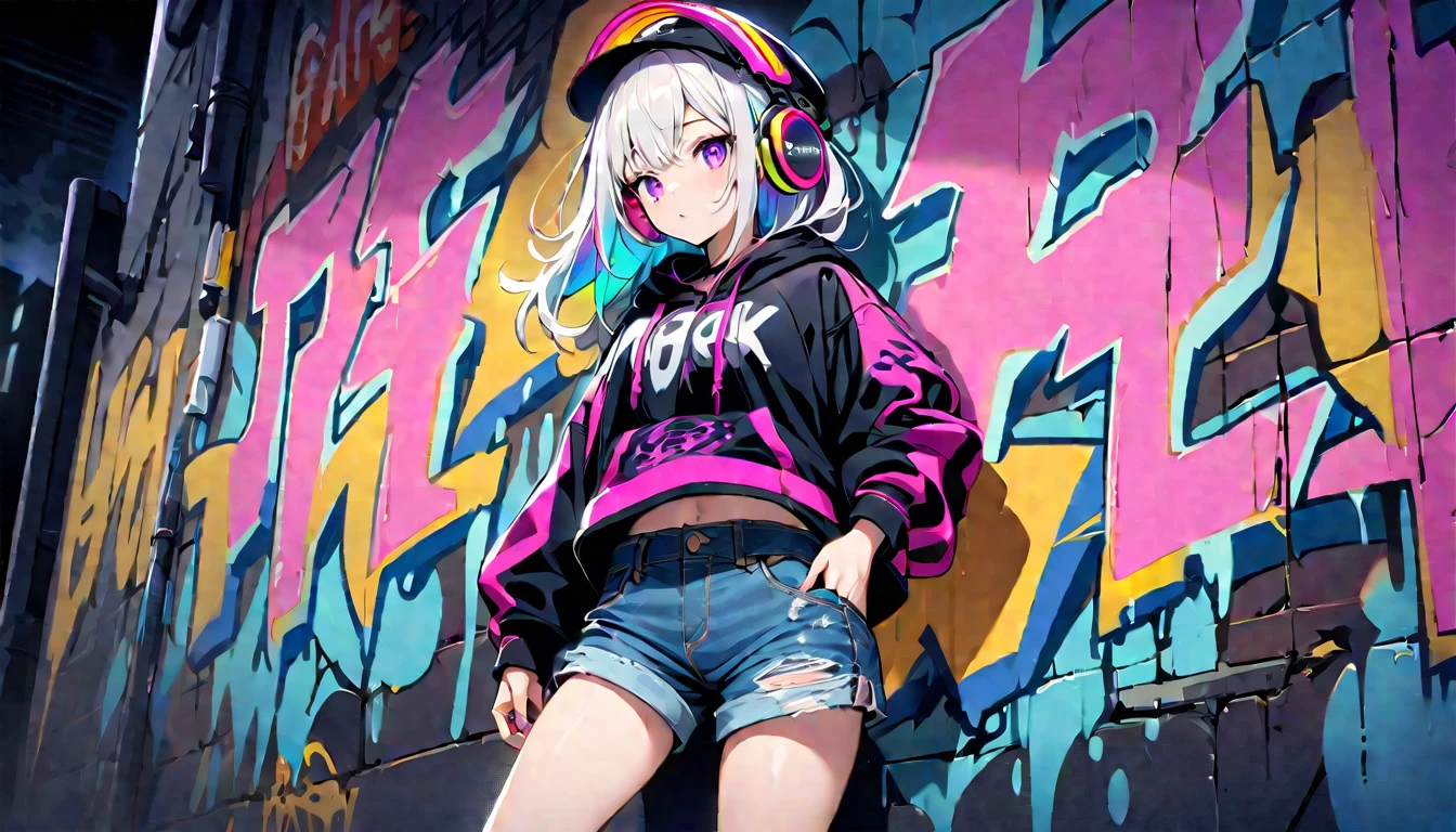 HD 8K Handsome cute, Solitary, 1 female, Medium Length Hair, white hair, Rainbow hair, purple Eyes, Rainbow headphone, hoodie, colored hoodie, cap hip-hop style denim shorts, Human focus, outdoor, in the night, White clouds, graffiti spray art wall, 