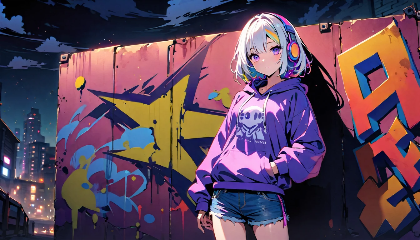 HD 8K Handsome cute, Solitary, 1 female, Medium Length Hair, white hair, Rainbow hair, purple Eyes, Rainbow headphone, hoodie, colored hoodie, cap hip-hop style denim shorts, Human focus, outdoor, in the night, White clouds, graffiti spray art wall,