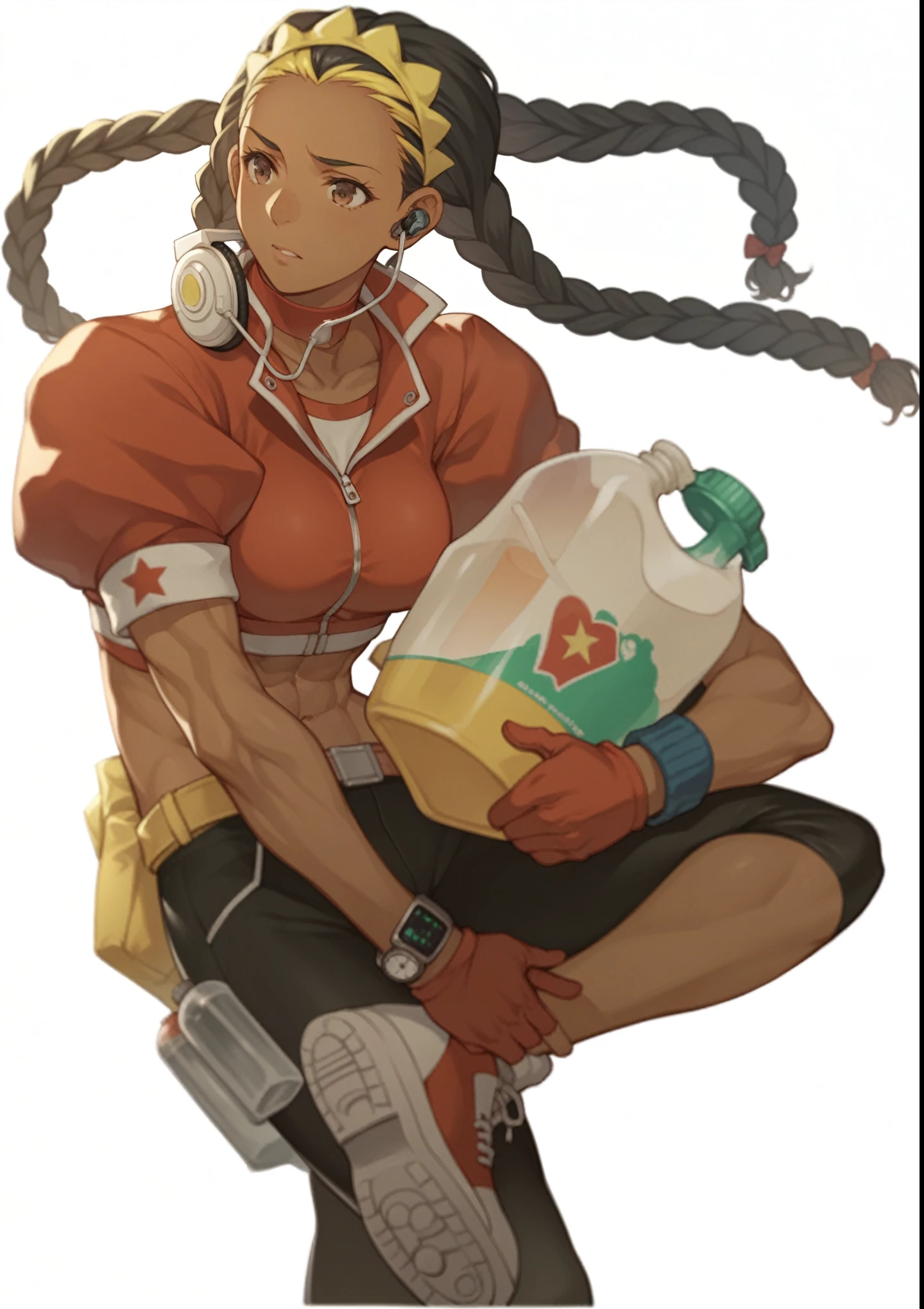 score_9,score_8_superior,score_7_superior,score_6_superior, sauce_Anime Women, Kimberly Jackson, Dark Skin, Long black hair, Brown eyes, Braiding,Multicolored Hair, Puffy sleeves,Red gloves, Cropped Red Jacket, Toned Up, Low Leg, watch, Hip vents, earphone, Yellow hair band, Tight black pants, earphone, arm wrap, View your viewers, Severe,
Are standing, Hands on hips, outside, alley, city, at night, Sad expression、superiorを見superiorげる