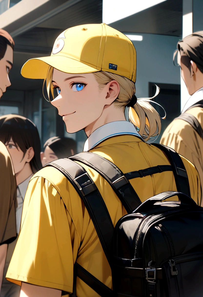 male with long blond hair tied back, blue eyes, smiling, wearing a yellow and white baseball cap, yellow polo shirt, white collar, black belt, black backpack