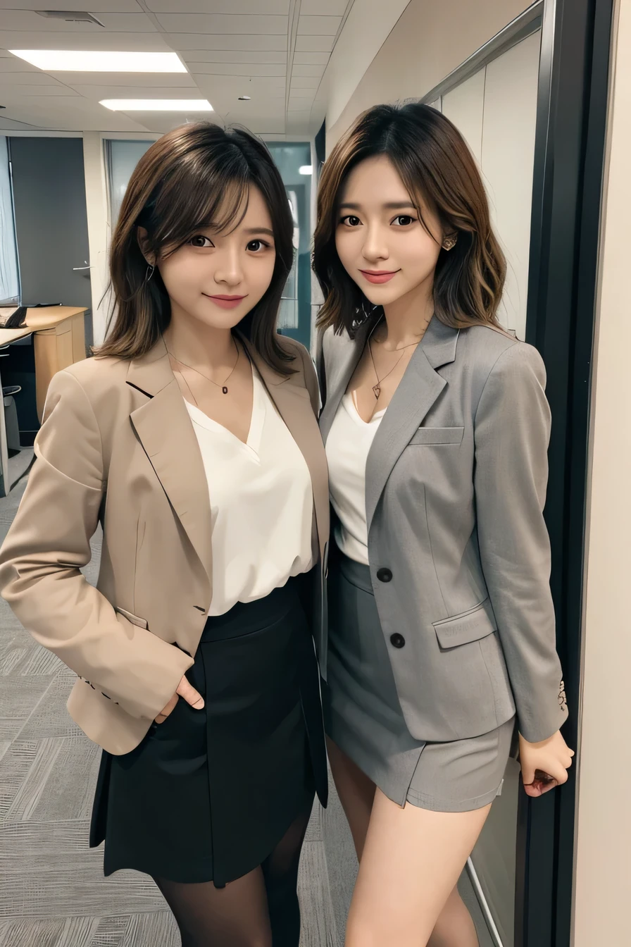 young woman、Two women standing side by side in an office、 Light brown hair、Necklace around the neck、Office Lady Suits、Jacket、Unbuttoned shirt、Knee-length skirt、tights、pumps、(Full body photo)、smile、short hair、Wavy Hair、Intricate details, Very detailed:1.2) 、 Looking into the camera,The background is the office、、Dark eyeliner、ear piercing