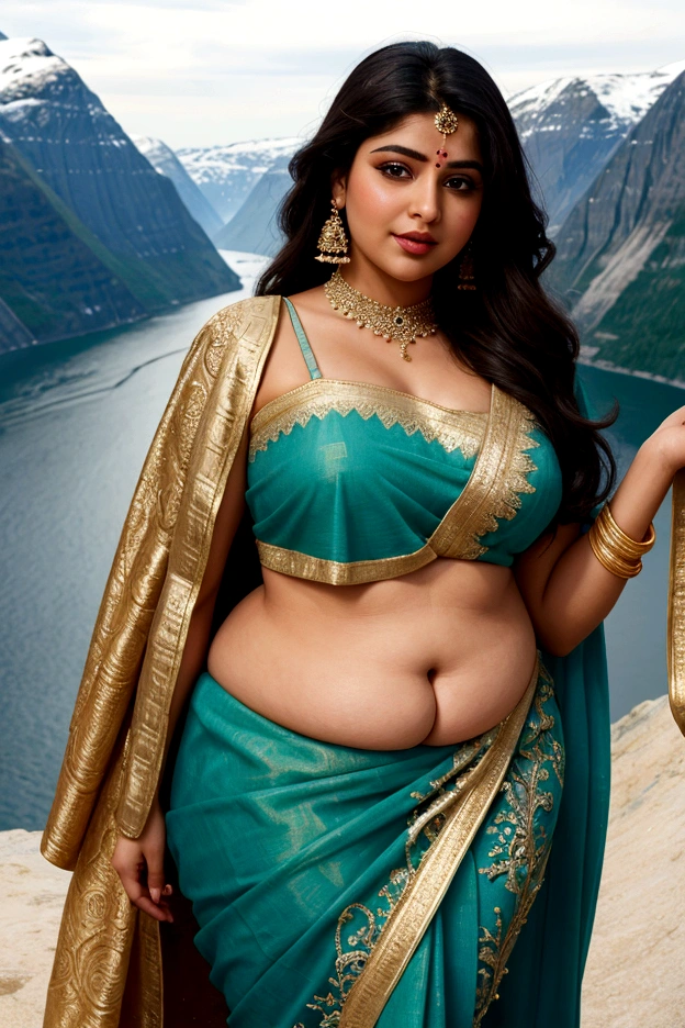 1 Heavenly beautiful and goddess beauty cute and sweet looking face Arabian woman in front of GEIRANGERFJORD, Heavenly beautiful Overweight, Heavenly beautiful Extremely fat, Heavenly beautiful and attractive Chubby figure , Heavenly beautiful looking and eye catching luxury style Indian tradition style saree, reaching out, Heavenly beautiful Arabian woman, 16k, High resolution, masterpiece, highest quality, fine skin, close up figure view, Realistic Photograph