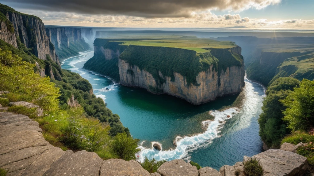 Masterpiece, ultimate quality, Cg unity 8k wallpaper, super delicate, beautiful sky and clouds, rich natural scenery, cliffs, lakes and rivers, waterfalls and flying water, beautiful green mountains, no trace of people, excellent scenery, has already won a photo contest, background Blurring, full depth of field, HDR high dynamics, true restoration, intricate, extreme details, dramatic presentation, perfectly presenting the style of midjourney art.
