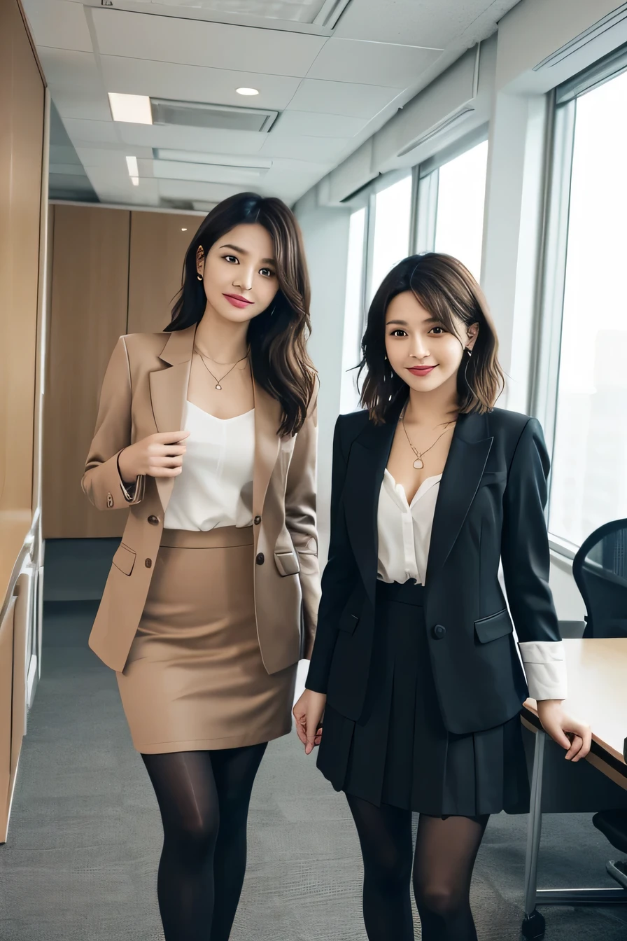 young woman、Two women standing side by side in an office、 Light brown hair、Necklace around the neck、Office Lady Suits、Jacket、Unbuttoned shirt、Knee-length skirt、tights、pumps、(Full body photo)、smile、short hair、Wavy Hair、Intricate details, Very detailed:1.2) 、 Looking into the camera,The background is the office、、Dark eyeliner、ear piercing