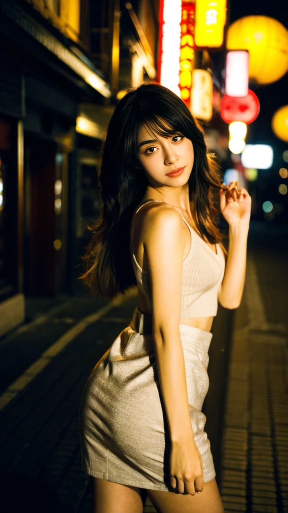 21-year-old Japan woman、Random pose, (8K, RAW Photos, Highest quality, masterpiece:1.2), (Realistically, Photo Real:1.37), One girl, Adorable, View of the Greater Kobe City, night, Professional Lighting, Photon Mapping,Gradient black hair color,Long Hair,daughter, Short skirt,Sexy Legs, High-quality images, High resolution, (Clear Face), (Detailed face description), (Detailed hand description), (masterpiece), (Exquisite CGI), Extreme light and shadow,Masterpieces,Rich details,(Delicate facial features),(Highest qualityの画像),(masterpiece),(Fine grain),Look ahead with your eyes,Thin clavicle