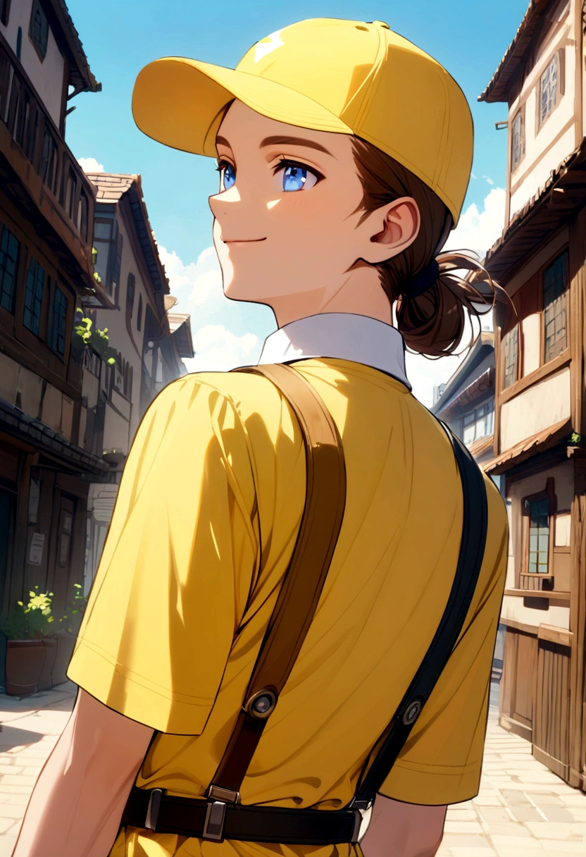 male, long brown hair, tied back, blue eyes, smiling, wearing a yellow and white baseball cap, yellow polo shirt, white collar, black belt, black backpack