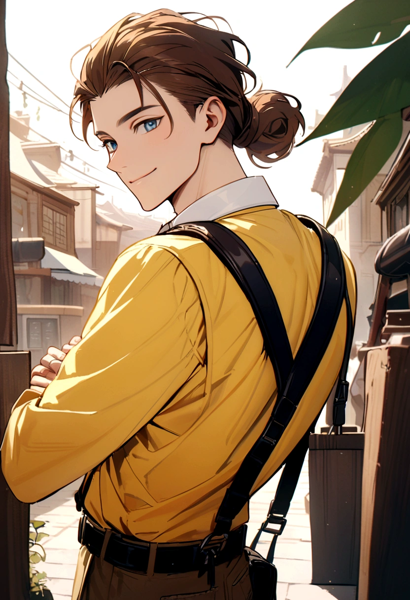 male, long brown hair, tied back, blue eyes, smiling, wearing a yellow and white baseball cap, yellow polo shirt, white collar, black belt, black backpack
