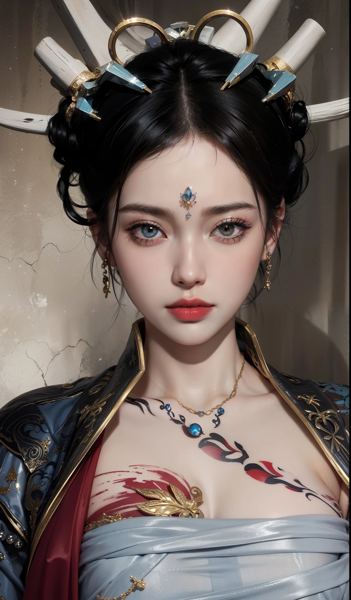 Realistic style,8K picture quality,Very detailed, Delicate face, Realistic style的照片, Stock Photography , rich and colorful, Surreal, Realistic textures, Dramatic Lighting, Distiller 800 (8K, original photo, Better quality, masterpiece: 1.2), Very detailed, (Extremely delicate skin: 1.2), 8K Ultra HD, SLR camera, Soft Light, high quality, 冰冻Queen, Queen, snow castle,Blue pupils,Apply red lipstick,Very delicate tattoo design,Cleopatra,Gold Jewelry,Have a tattoo,scar