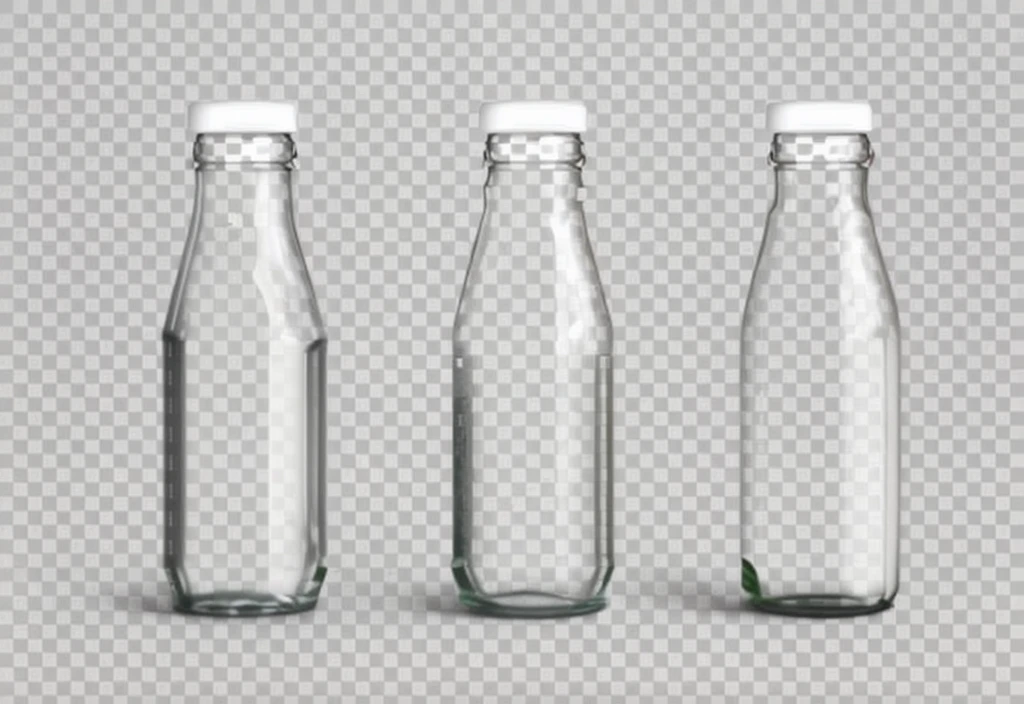 three empty glass bottles with water on a 透明的 background, glass bottle, bottle, Transparent liquid, bottles, round bottle, detailed , Realistic elements,White background color