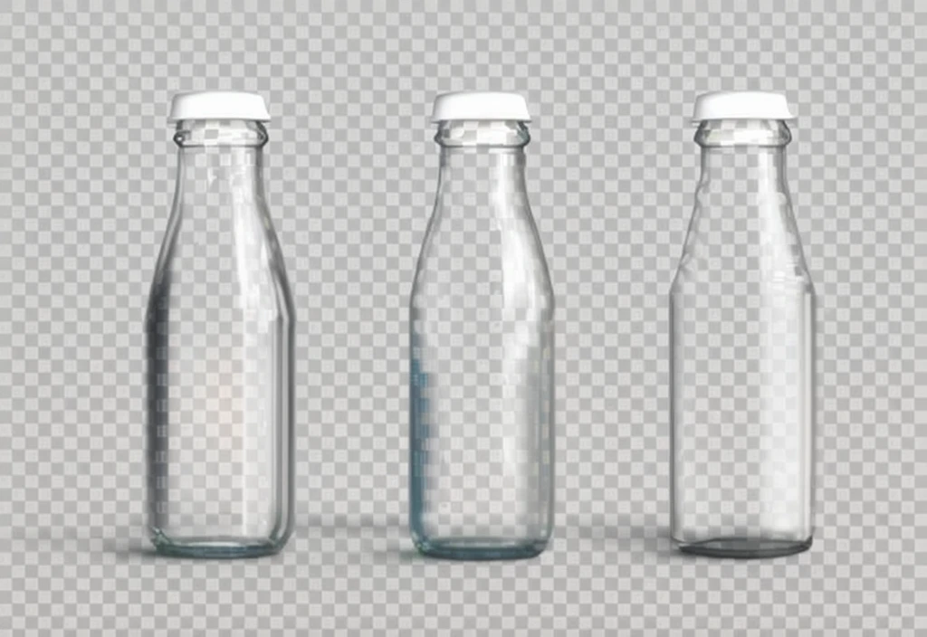 three empty glass bottles with water on a 透明的 background, glass bottle, bottle, Transparent liquid, bottles, round bottle, detailed , Realistic elements，White background color