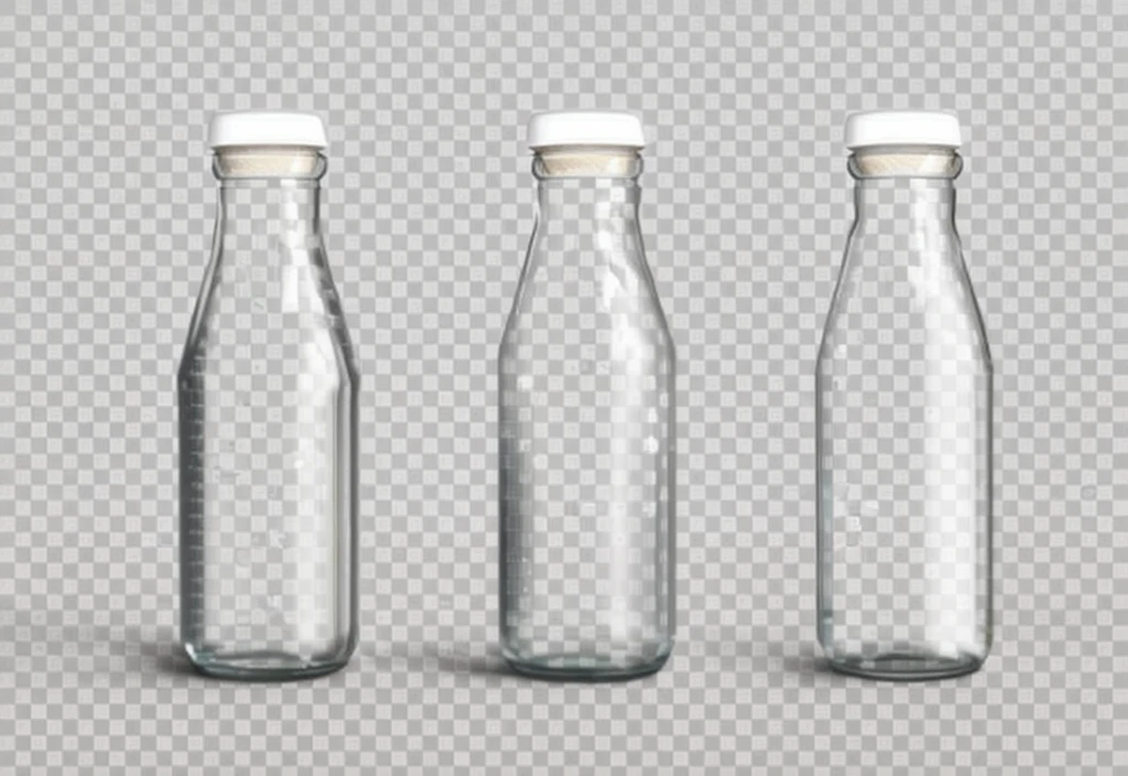 three empty glass bottles with water on a 透明的 background, glass bottle, bottle, Transparent liquid, bottles, round bottle, detailed , Realistic elements,White background color