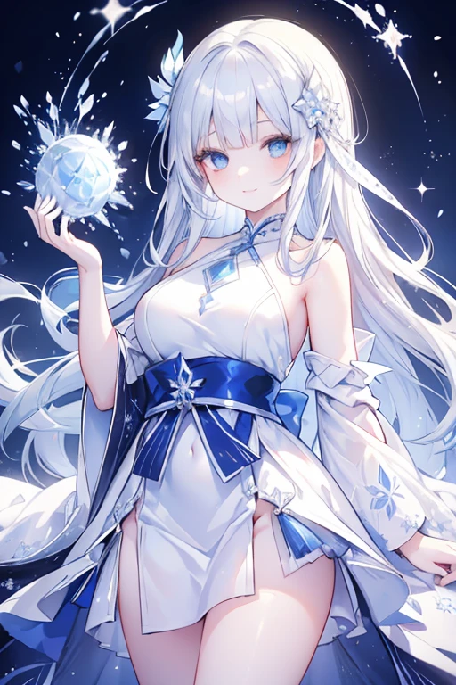 young girl, silver-diamond hair, diamond eyes, beautiful and detailed eyes, long hair with a charming style, scary smile, white and blue Japanese dress , ice flakes, ice flowers, surrounded by ice and snow