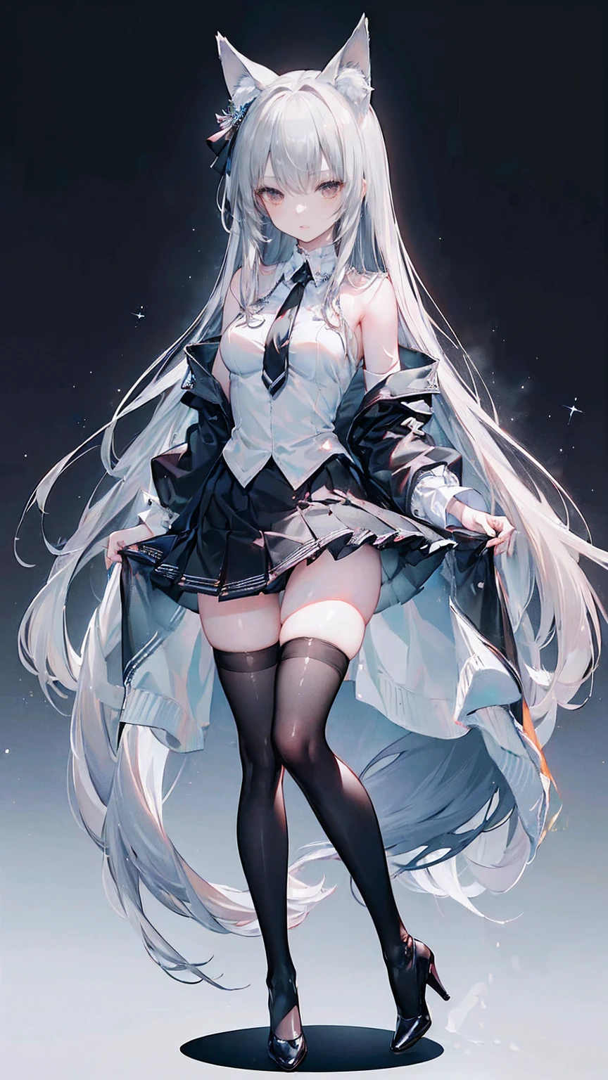 (masterpiece, best quality:1.4), solo focus, (full body:1.2), (medium breasts:1.2), very long hair, (black thighhighs:1.3), (silver hair:1.4), high heels, perfect anatomy, microskirt, fox ears, open shirt,