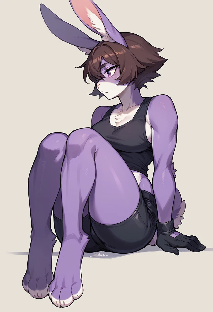 create a picture of a female half rabbit character  with purple giant rabbit digitigrade legs with white paws, put purple rabbit ears on top of her head, make her wearing black shorts and a black athletic tank top and black gloves, put purple fur on her arms from her elbows down, give her short brown hair, make her legs look fluffy and furry, make it in an anime style