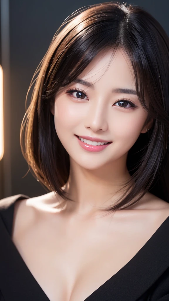 (Super beautiful woman)、((highest quality、8K masterpiece:1.3))、sharp focus:1.2、(super beautiful face:1.0)、(shiny skin:1.0)、realistic pictures、black hair、video lighting、High resolution eyes and face、video lighting、japanese actress、from the front、with a happy smile、whole body、