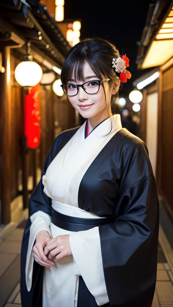 (Super beautiful woman in kimono)、((highest quality、8K masterpiece:1.3))、sharp focus:1.2、(super beautiful face:1.0)、(shiny skin:1.0)、realistic pictures、black hair、video lighting、High resolution eyes and face、video lighting、japanese actress、from the front、big breasts、with a happy smile、Slender abs beauty、whole body、wearing a kimono、in Kyoto、(((luxury obi)))、In Kyoto at night、wearing glasses with no edge、with a fan