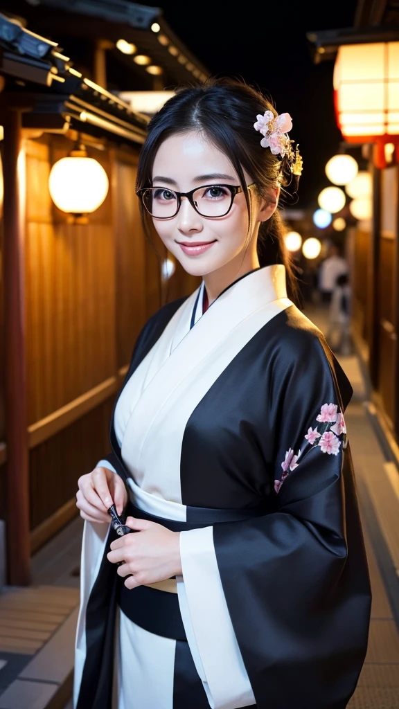 (Super beautiful woman in kimono)、((highest quality、8K masterpiece:1.3))、sharp focus:1.2、(super beautiful face:1.0)、(shiny skin:1.0)、realistic pictures、black hair、video lighting、High resolution eyes and face、video lighting、japanese actress、from the front、big breasts、with a happy smile、Slender abs beauty、whole body、wearing a kimono、in Kyoto、(((luxury obi)))、In Kyoto at night、wearing glasses with no edge、with a fan