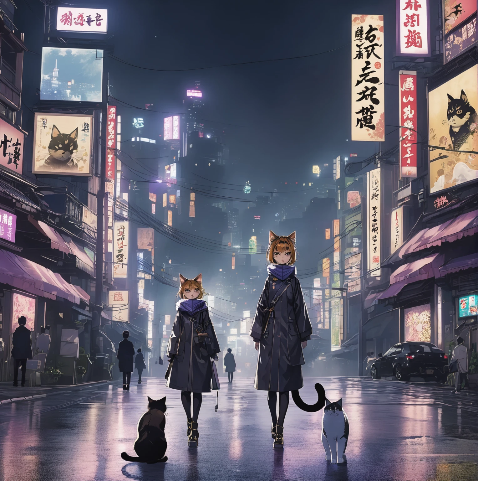 There is a cat standing on the road., Cat attacks Tokyo, Nekomimi, Covered with Chinese advertisements, Powerful vfx at night in the city, Inspired by Shiba Kokan, (((Luke Chue))), Inspired by Miao Fu, Chinatown Blade Runner, Detective Pikachu, the cat is walking, mod หาง fursuit ของ Saints Row, digital anime painting style