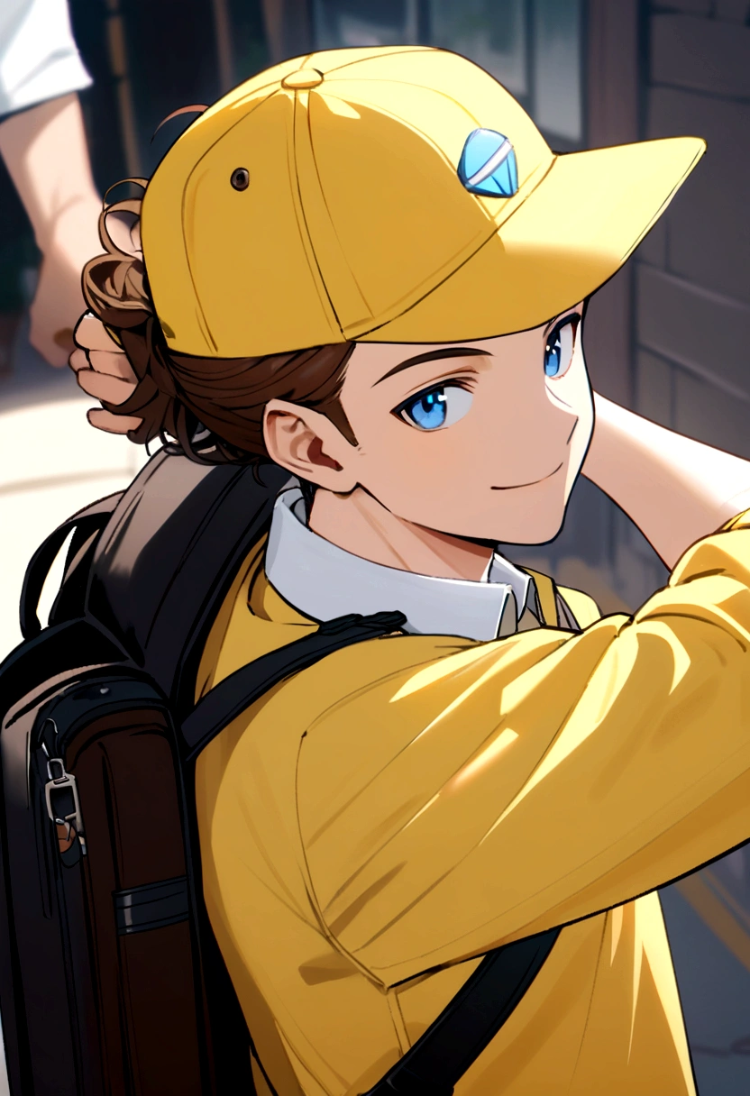 male, long brown hair, tied back, blue eyes, smiling, wearing a yellow and white baseball cap, yellow polo shirt, white collar, black belt, black backpack