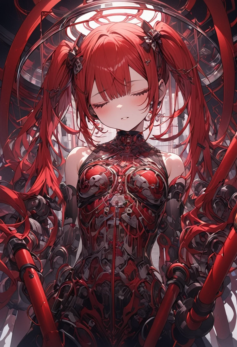 Intricate illustration in imaginative and cybertic surrealist art style，Translucent red twin tails Ether Machine Girl Surrounded by complicated medical equipment how it is being treated,she's a whole machine It is placed in a large transparent tank of culture medium.The body is in the shape of a cross Red tubes that look like thin blood vessels are connected to medical equipment throughout his body.In the culture solution, she looks down and closes her eyes.masterpiece, high resolution, high resolution images, 4, 8k ultra detail