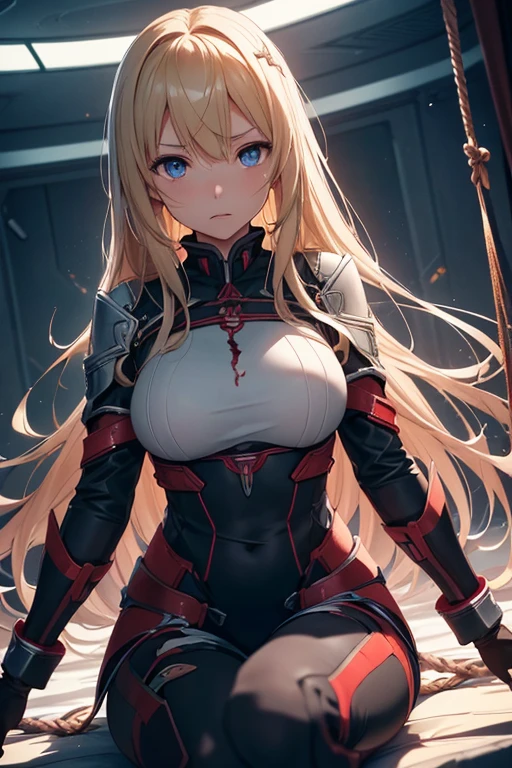 A captivating wallpaper of As Yuuki, Sword Art Online Heroine, Carefully crafted. (Highest quality, High resolution: 3000x3000 pixels)
As Yuuki, Virtual Reality Suit, Long straight blonde hair with bangs, Anguished Blue Eyes, Her plump lips are writhing in agony, Moderate: Digital Art, Vibrant colors, High resolution, Cinema Lighting, Ultra-fine detail, Physically Based Rendering, Very detailed explanation.
((Both hands tied with rope)), (The suit is cut up)、Bleeding from a wound、On one knee、Life-threatening injury、There are many scratches、The enemy is using tentacles to steal your life force,Both hands are tied with rope,A desperate situation、It looks like it's about to collapse.