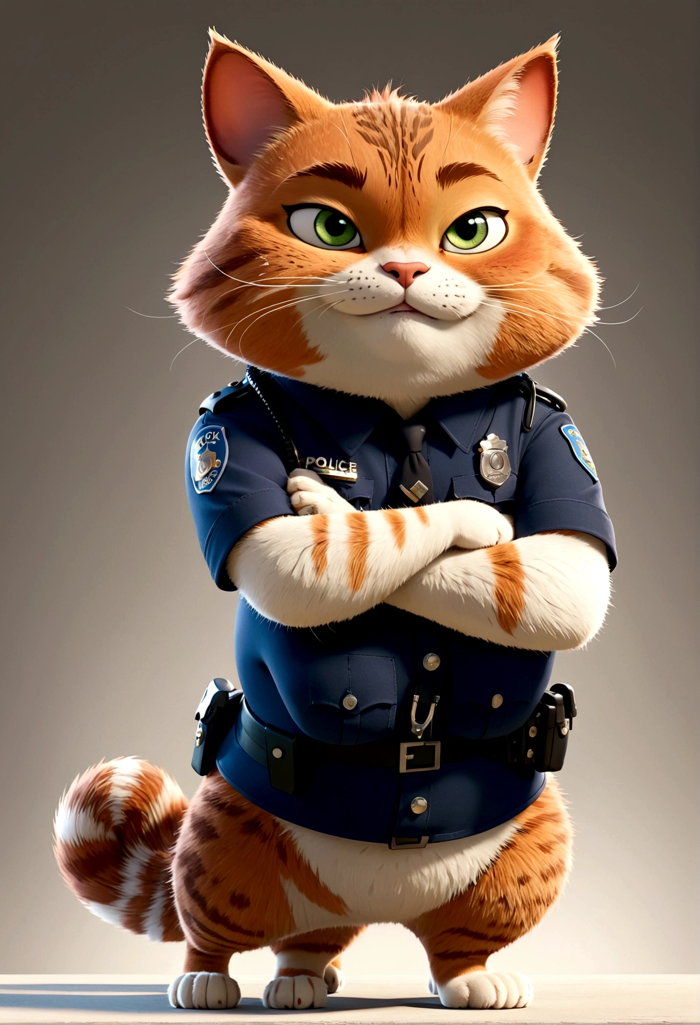 独奏,Cat in police costume,Cat standing,Chubby,Arms Crossed, Zootopia style, movie Features, Zootopia movie style, Zootopia style, looking heckin cool and stylish, in Zootopia style, 迪士尼疯狂Zootopia style, mob_Features: cat stylized, Anthropomorphic smart cat, Multiple poses and expressions, 4 positions, whole body, White background, Shorty