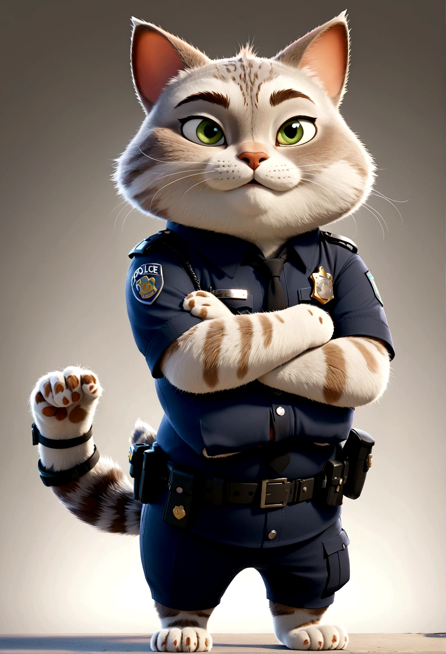 独奏,Cat in police costume,Cat standing,Chubby,Arms Crossed, Zootopia style, movie Features, Zootopia movie style, Zootopia style, looking heckin cool and stylish, in Zootopia style, 迪士尼疯狂Zootopia style, mob_Features: cat stylized, Anthropomorphic smart cat, Multiple poses and expressions, 4 positions, whole body, White background, Shorty
