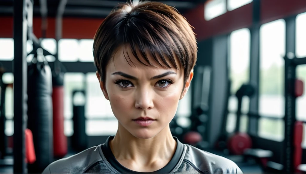 Create a beautiful woman with a bad face trains in the gym martial arts,short hair,,8K, Ultra realistic photo, cinematographic