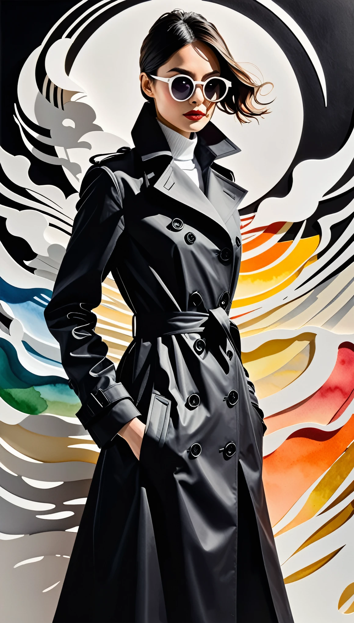 gradient artwork, fusion of watercolors and oil paintings, fusion of paper cutting and shadow puppetry, mix of monochrome and color, best quality, super fine, 16k, 2.5D, delicate and dynamic depiction, Solid black, white lines, person wearing a black trench coat, prime lenses, lens filters, clear subject