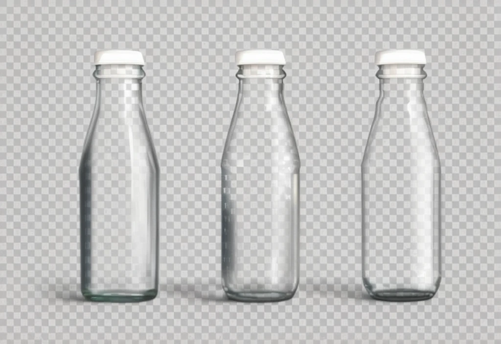 three empty glass bottles with water on a 透明的 background, glass bottle, bottle, Transparent liquid, bottles, round bottle, detailed , Realistic elements,Add a white background wall to the picture