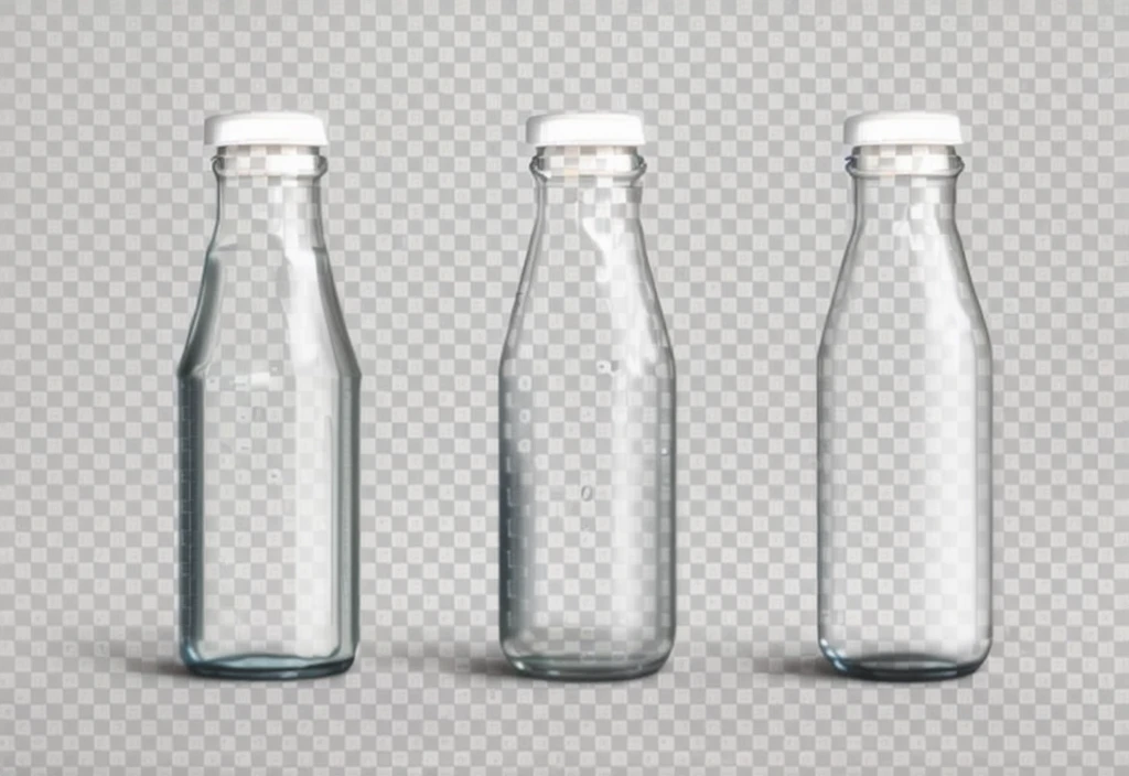 three empty glass bottles with water on a 透明的 background, glass bottle, bottle, Transparent liquid, bottles, round bottle, detailed , Realistic elements,Add a white background wall to the picture