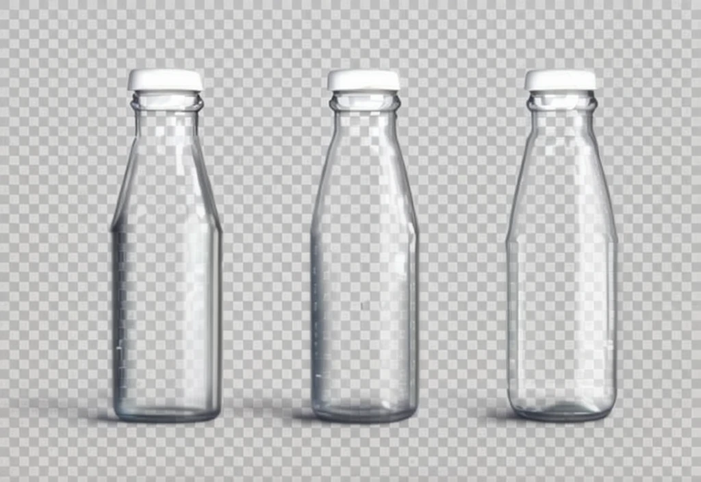 three empty glass bottles with water on a 透明的 background, glass bottle, bottle, Transparent liquid, bottles, round bottle, detailed , Realistic elements,Add a white background wall to the picture